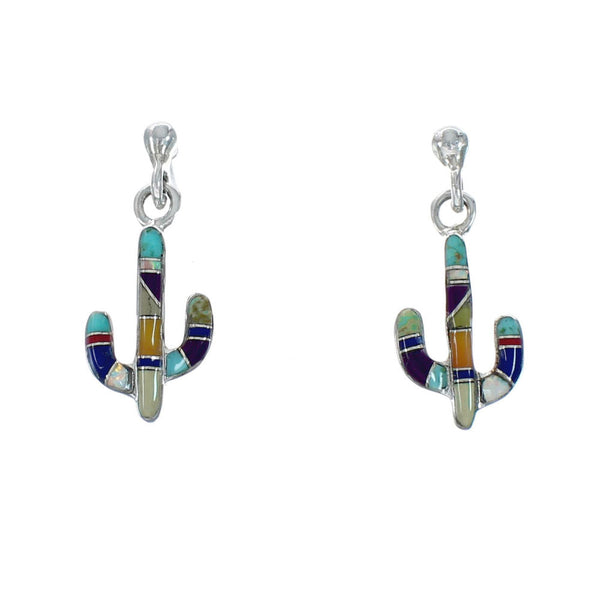 Sterling Silver Southwest Multicolor Cactus Inlay Post Dangle Earrings TX10175